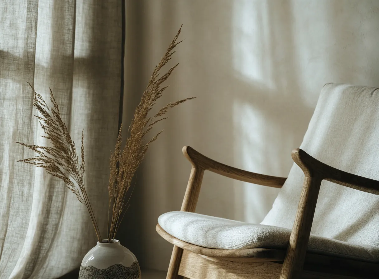 Sudut ruang tamu dengan kursi kayu, tirai linen, dan rumput kering dalam vas
